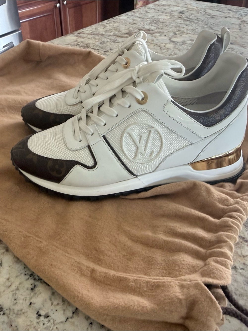 Louis Vuitton White & Brown Women's LV Low-Top Sneakers with Gold Accent